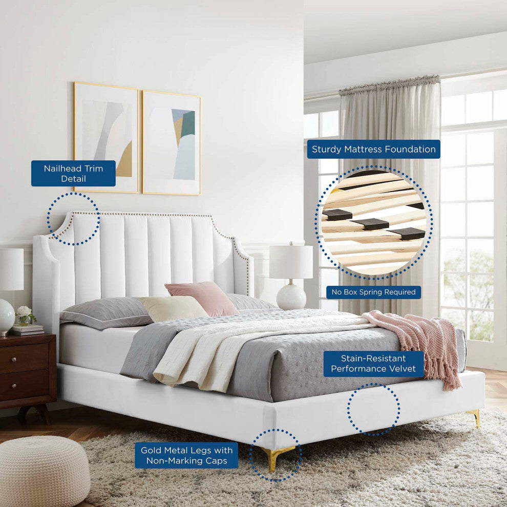 Daniella Performance Velvet Queen Platform Bed White
