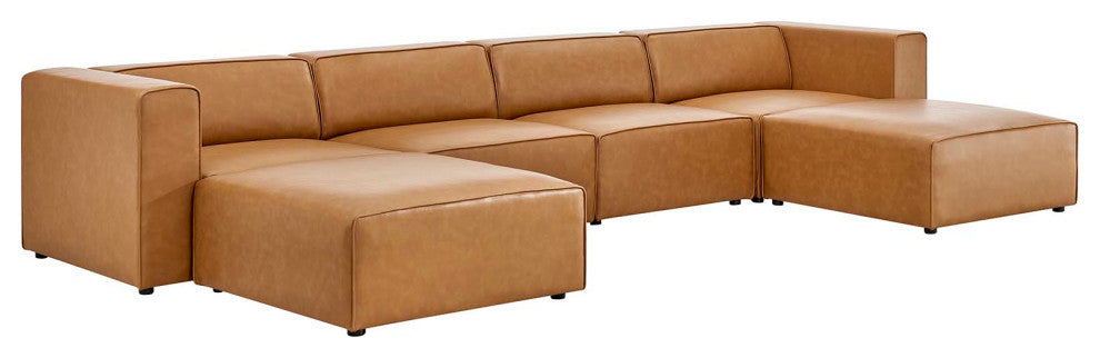 Mingle Vegan Leather 4-Piece Sofa and 2 Ottomans Set, Tan