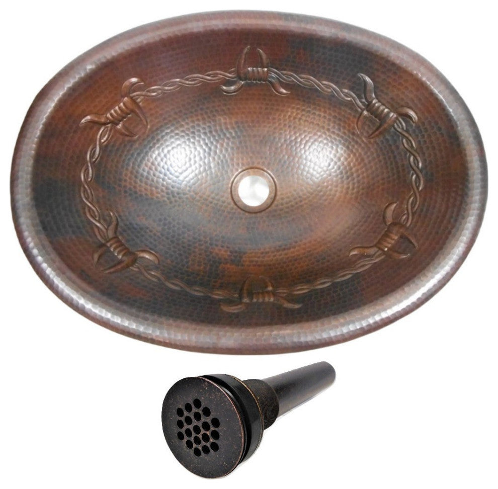 Oval Copper Bathroom Sink with Barbed Wire Design & 19-Hole Drain