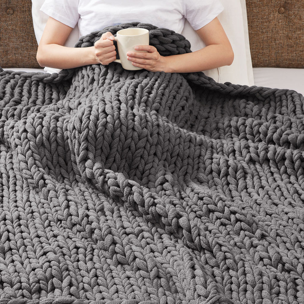 Madison Park Chunky Double Knit Handmade Throw Blanket, Blush, Dark Grey