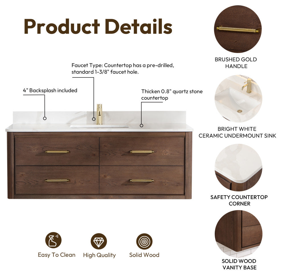 Cristo Floating Bath Vanity With Stone Top, Aged Dark Brown Oak, 55in., With Mirror