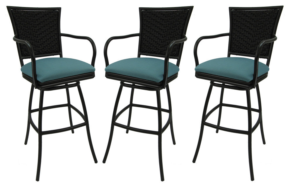 Set of 3, Outdoor/Indoor Swivel Bar Stools Erin, Aqua Linen on Black, 26"