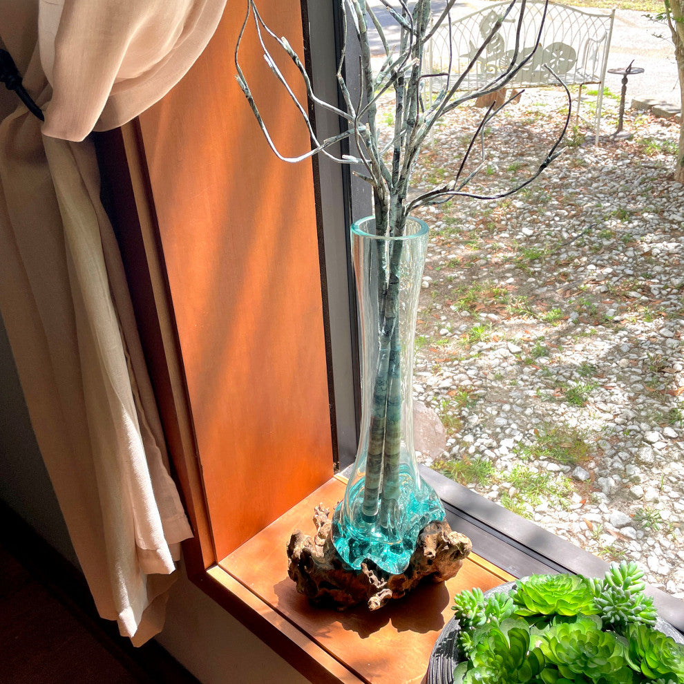 Glass On Teak Driftwood Molten Sculptural Bud Vase