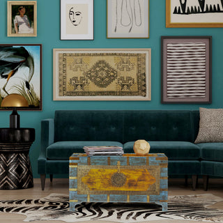 Nador Hand-Painted Brass Inlay Storage Trunk Coffee Table, Blue