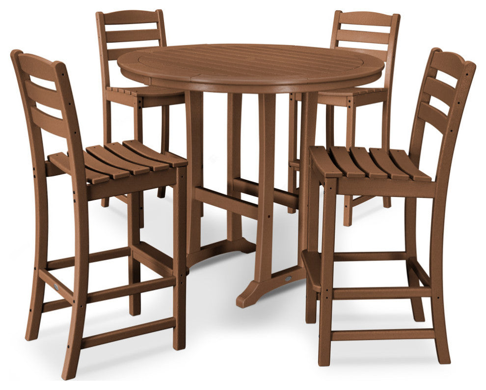 Polywood 5-Piece La Casa Side Chair Bar Dining Set, Teak
