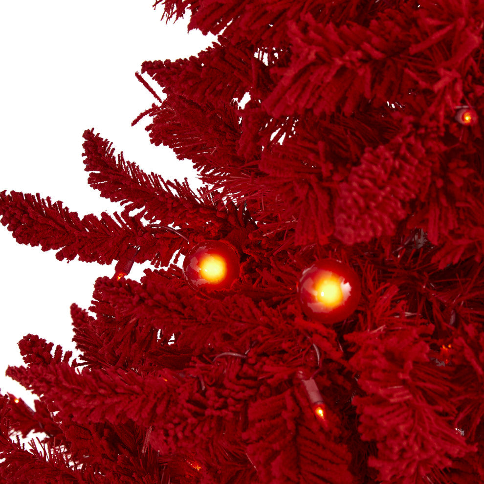 4' Red Flocked Fraser Fir Christmas Tree / 100 Red Lights 14 Globe Bulbs