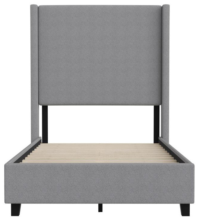 Quinn Upholstered Platform Bed with Channel Stitched Wingback Headboard, Gray, Twin