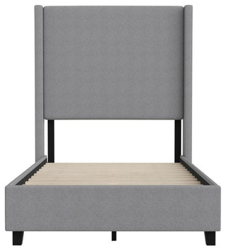Quinn Upholstered Platform Bed with Channel Stitched Wingback Headboard, Gray, Twin