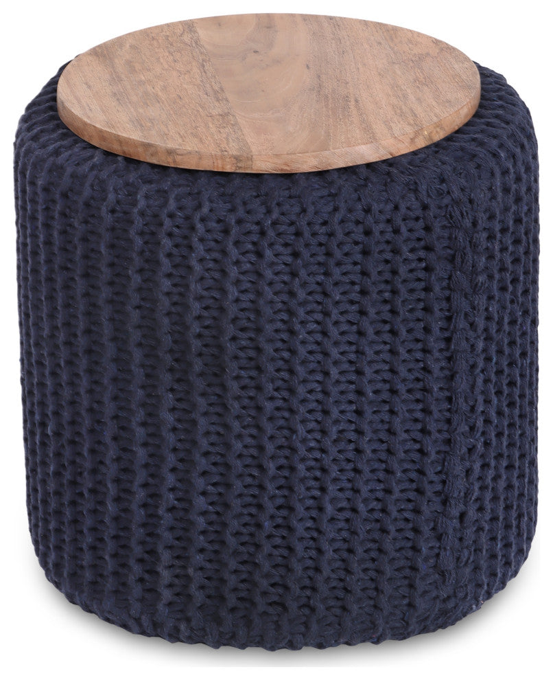 Loft Lyfe Marbella Ottoman, Hand Knitted, Wooden Tray, Cotton Yarn, Navy
