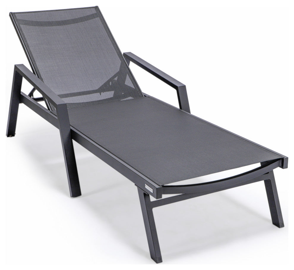LeisureMod Marlin Chaise Lounge Chair With Arms and Fire Pit Table, Black