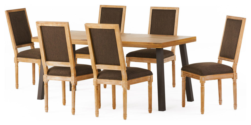 Marten Farmhouse Fabric Upholstered Wood and Cane 7 Piece Dining Set, Brown + Natural + Rustic Metal + Natural Stained