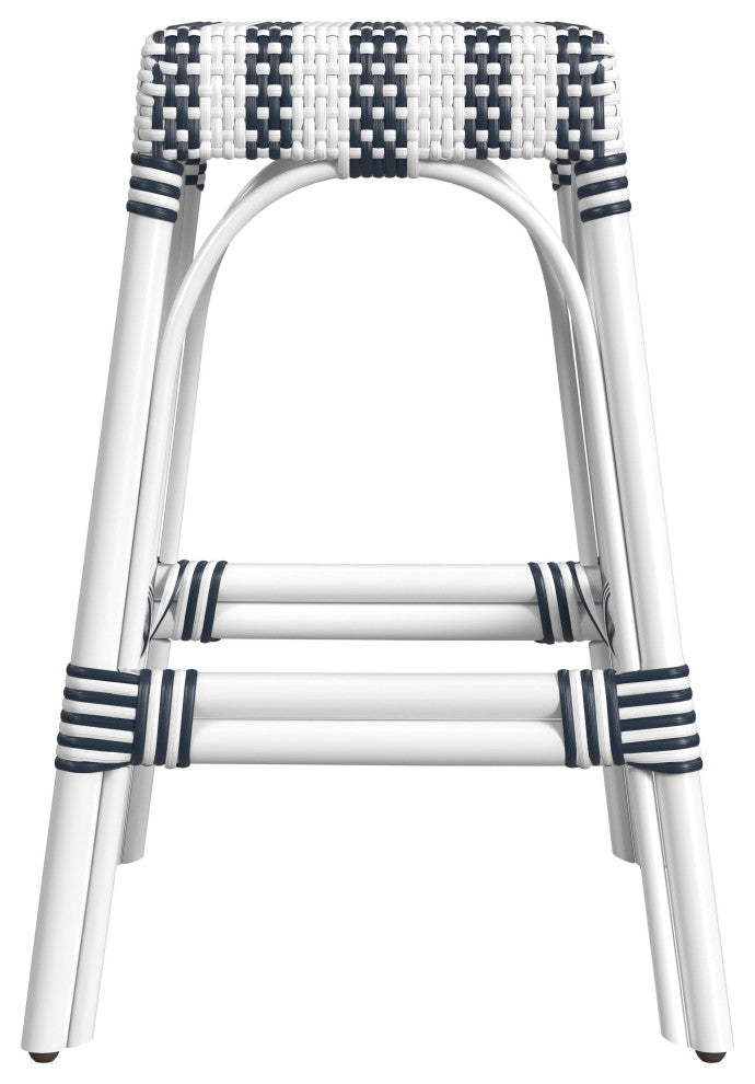 Robias Rectangular Rattan 24.5" Counter Stool, Navy Stripe (White Frame)