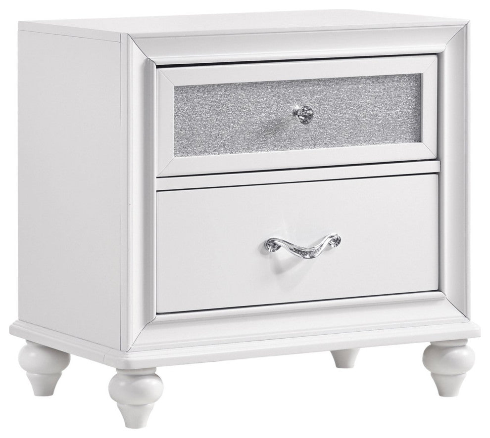 Contemporary 2 Drawers Nightstand, Upper Drawer With Glittering Accent, White