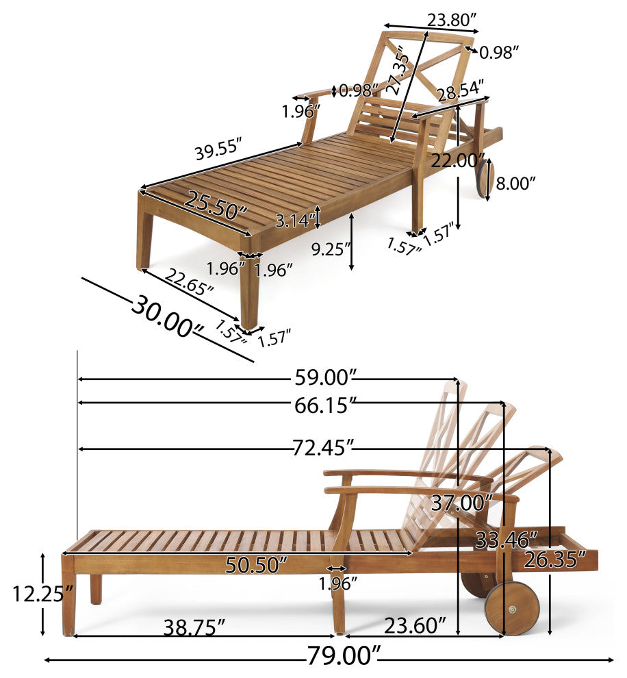 GDF Studio Thalia Outdoor Teak Finished Acacia Wood Chaise Lounge, Set of 2