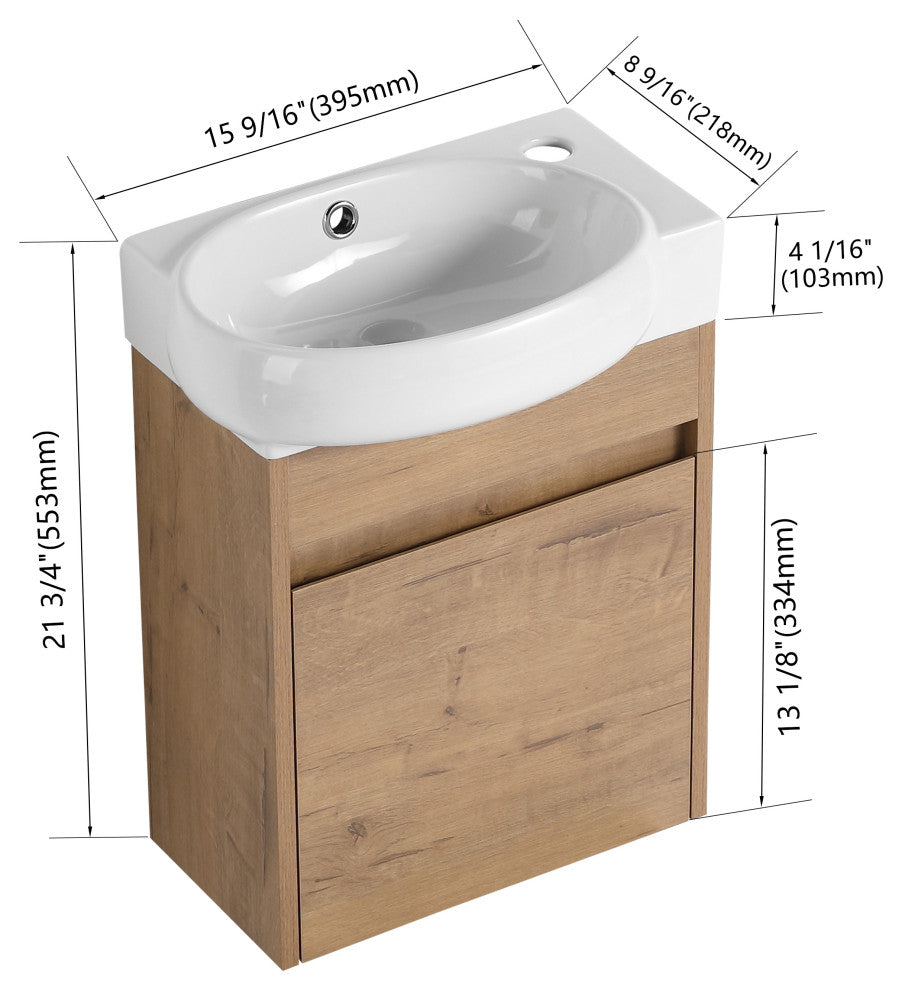 BNK 16 Inch Floating Bathroom Vanity With Sink, With 1 Soft Closing Door, Imitative Oak