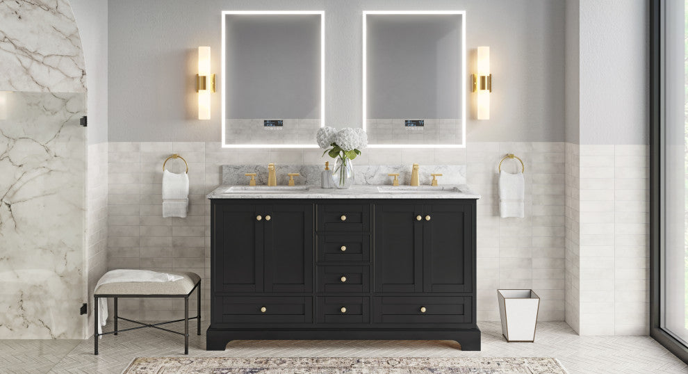 Cascade Bath Vanity, Black Onyx, 60", Gold Hardware, Double, Freestanding