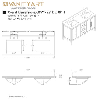 Vanity Art Bathroom Vanity With Sink, White, 60", Double Sink, Matte Black