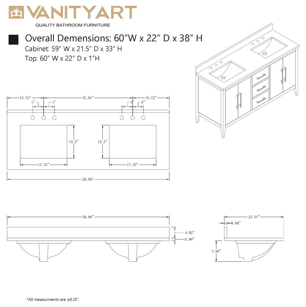 Vanity Art Bathroom Vanity With Sink, White, 60", Double Sink, Matte Black