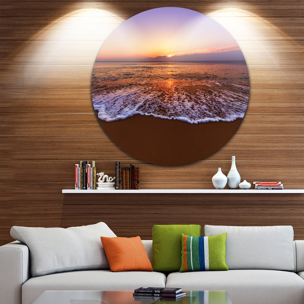 Orange Tinged Sea Waters At Sunset, Beach Large Disc Metal Artwork, 36"