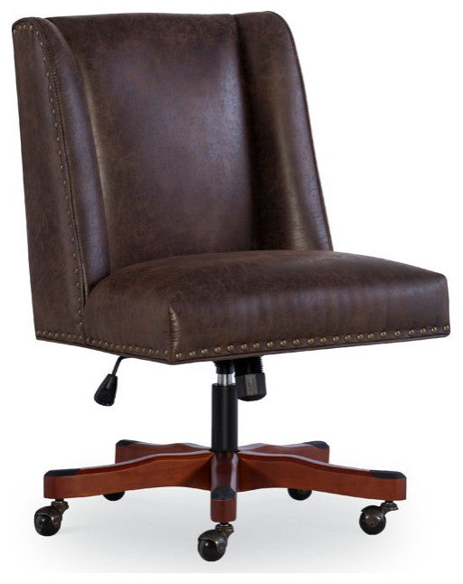 Transitional Office Chair, Padded Seat With Nailhead, Brown Faux Leather