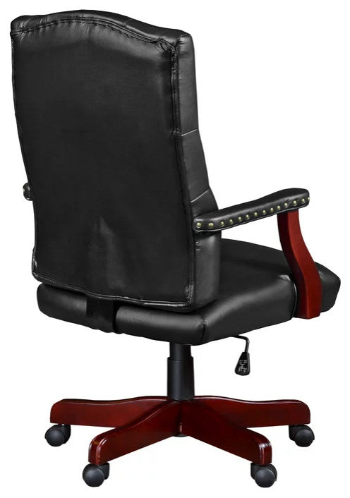 Traditional Office Chair, Hardwood Frame & Button Tufted PU Back, Black/Mahogany