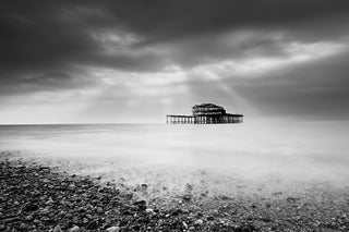 Abandoned West Pier Coastal Seascape Black & White Photo Canvas Art Print, 12" X 16"