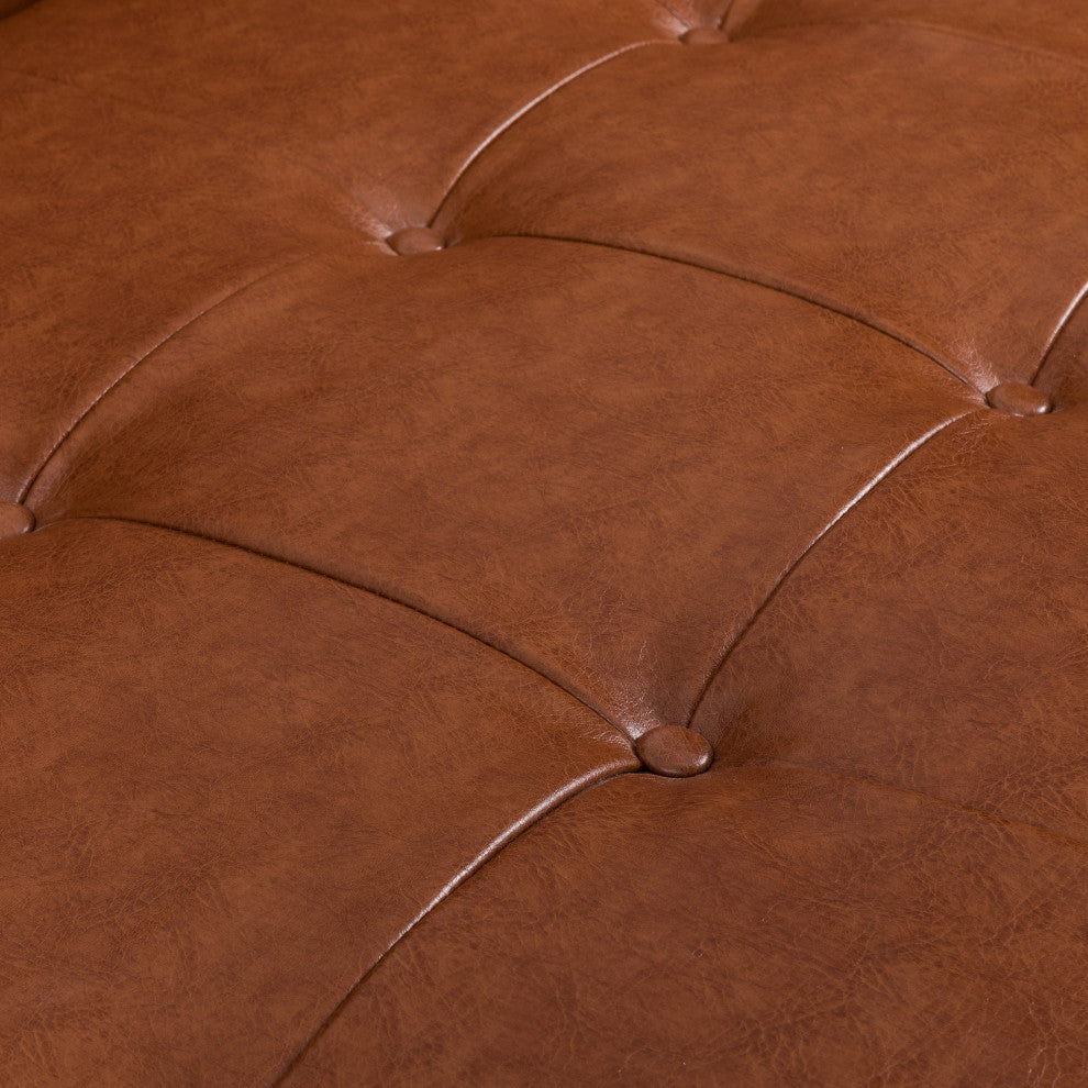 Neil Tufted Sofa With Rolled Accent Pillows, Cognac Brown, Dark Walnut, Gold