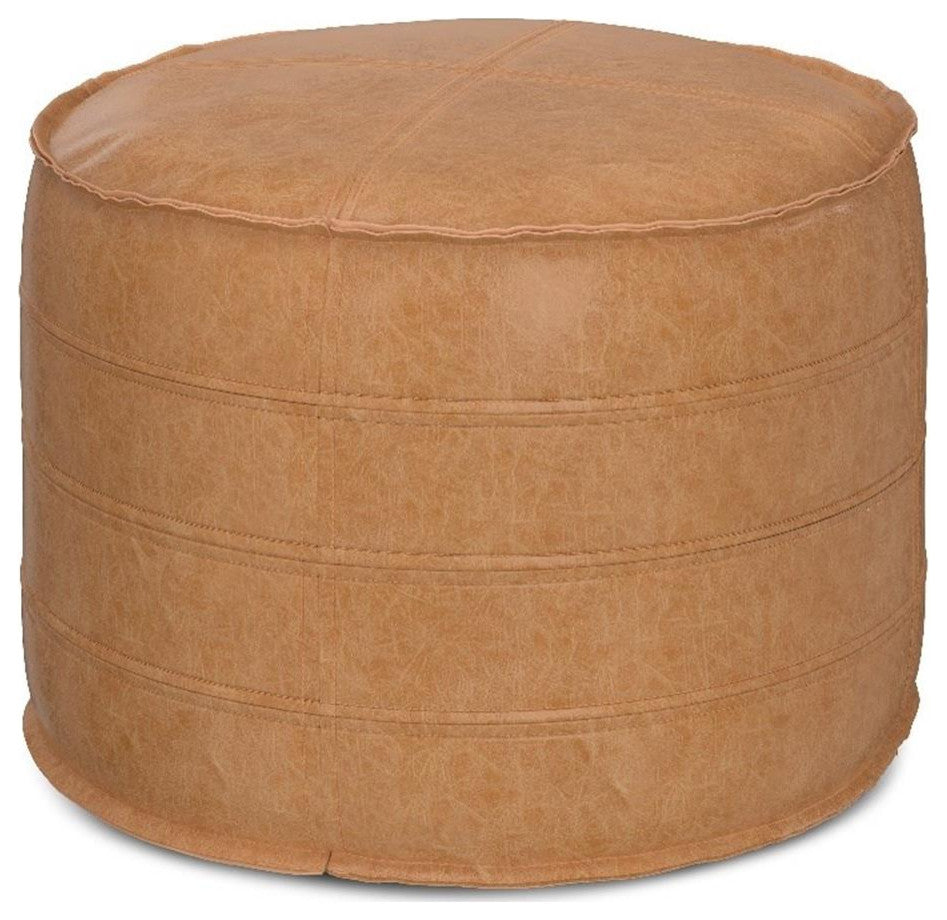 Brody Boho Round Pouf in Distressed Brown Faux Leather