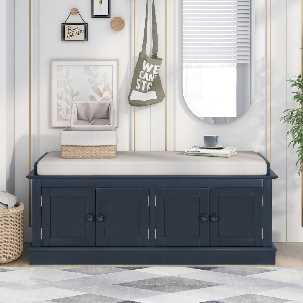 TATEUS 42" Wooden Storage Bench With 4 Doors and Adjustable Shelves for Entryway, Antique Navy