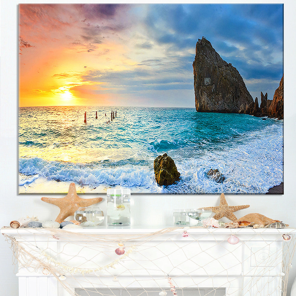 "Vibrant Morning Sea With Yellow Sun" Seashore Wall Art, 1 Panel, 60"x28"