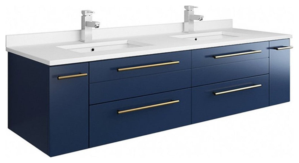 Lucera 60" Modern Royal Blue Wall Hung Cabinet, Top and Double Undermount Sink