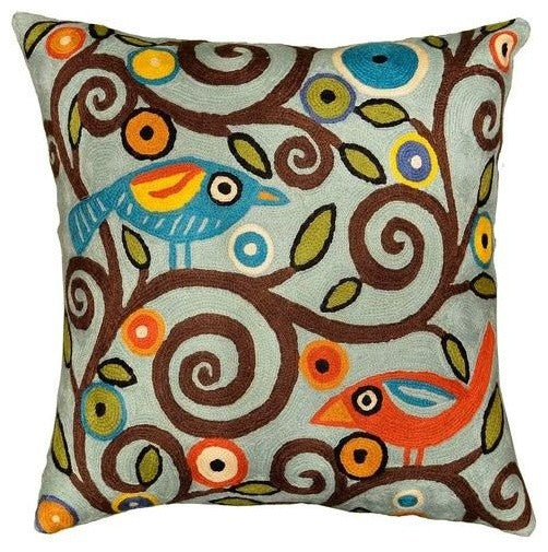 Branch Birds Karla Gerard Decorative Pillow Cover Handembroidered Wool 18x18"