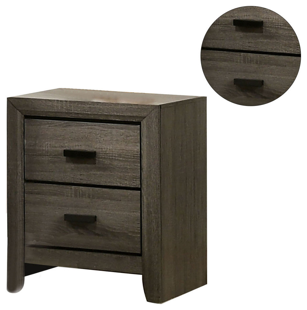 2 Drawers Wooden Nightstand With Black Rectangular Pulls, Gray