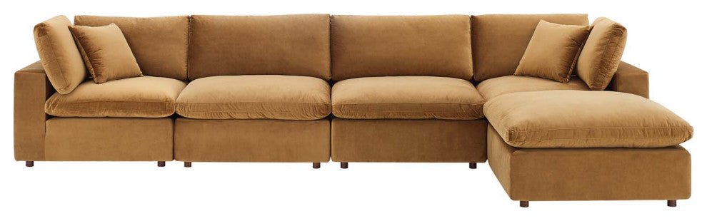Commix Down Filled Overstuffed Performance Velvet 5Piece Sectional Sofa-Cognac