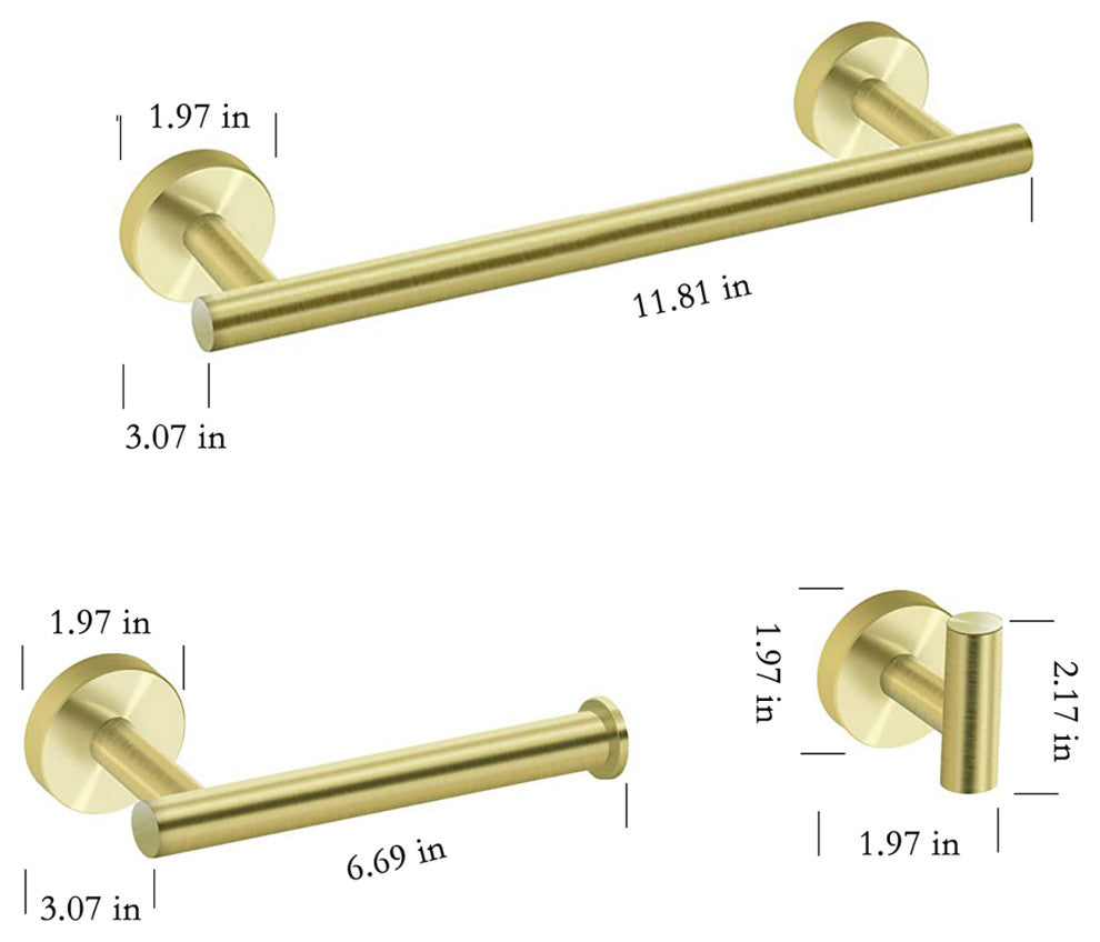 3-Piece Wall Mounted Bathroom Accessory Set, Brushed Gold