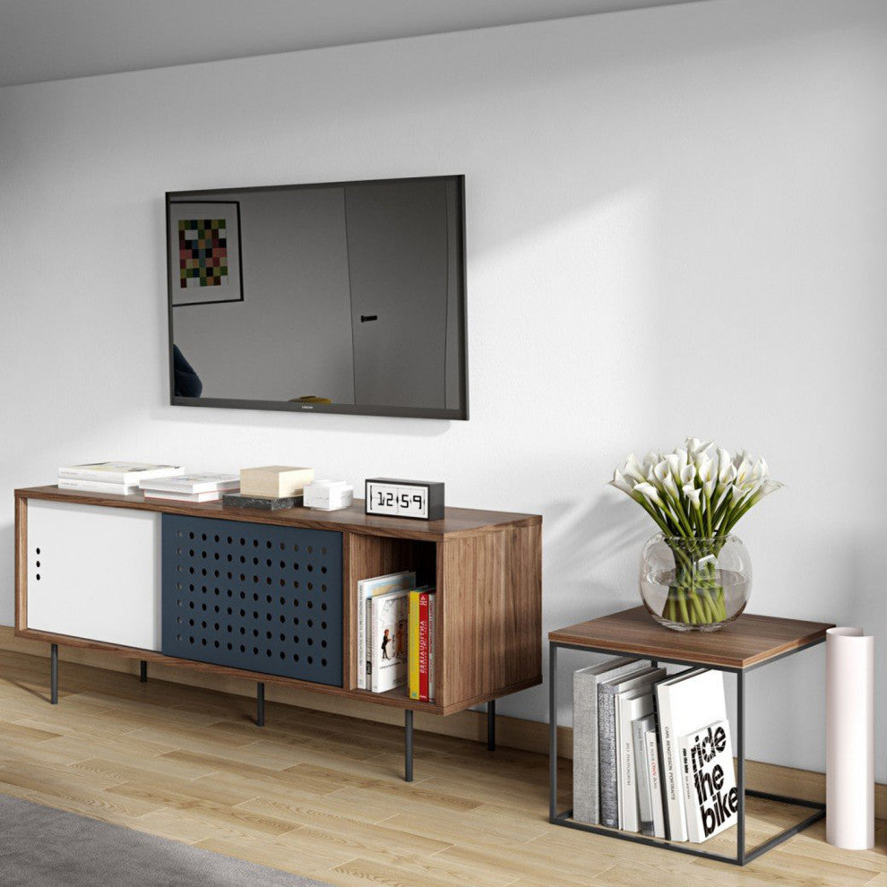Modern Walnut Minimal Metal Cube Side Table, Walnut/Chrome