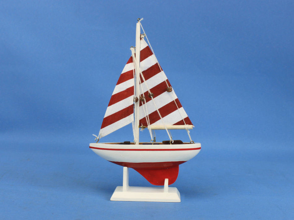 Pacific Sailer Wooden Striped Model Sailboat, Red, 9"