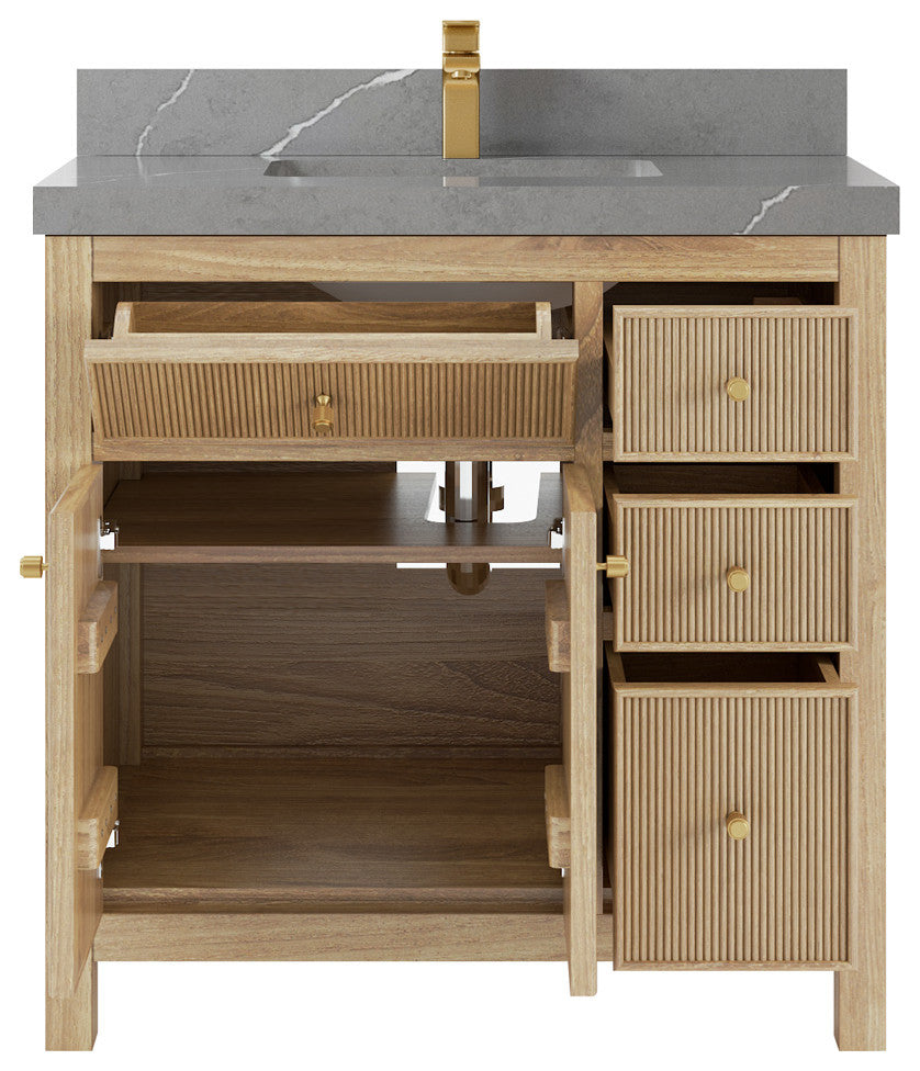 Sonoma Teak 36 Center Sink Vanity in Light  Natural with 2" Piatra Gray Quartz