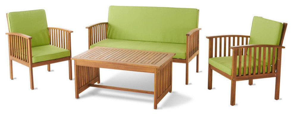 GDF Studio 4-Piece Caresta Outdoor Acacia and Light Green Cushions Sofa Set