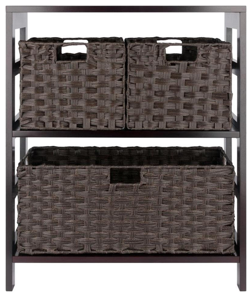 Leo 4-PieceStorage Shelf With 3 Foldable Woven Baskets, Espresso and Chocolate