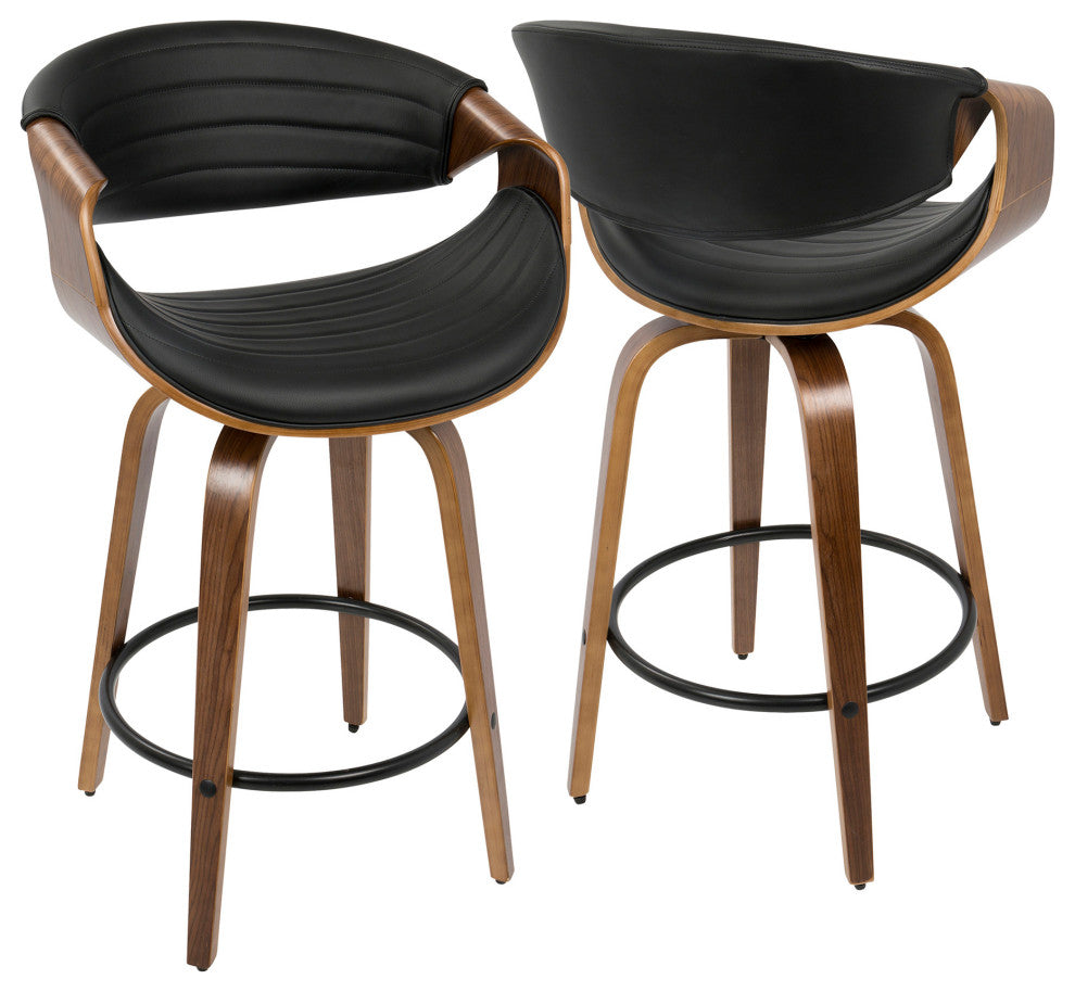 Symphony Counter Stool, Set of 2, Walnut Wood/Black PU/Black Metal