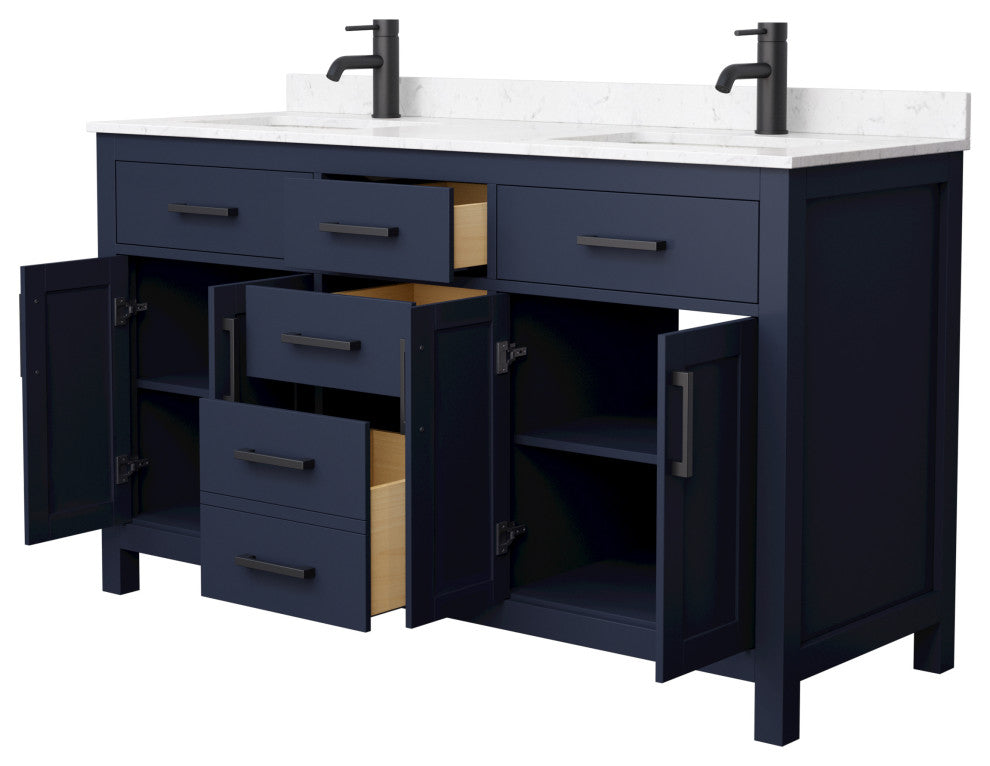 60"DBL Vanity Dark Blue, Carrara Cult. Marble Countertop, Sinks, Black Trim