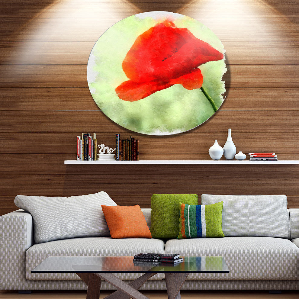 Big Red Poppy Flower Watercolor, Flower Large Disc Metal Wall Art, 36"