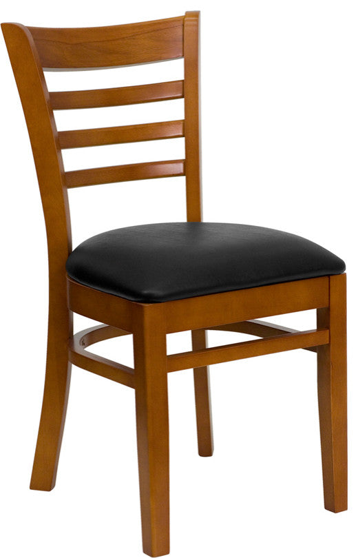 Ladder Back Cherry Wood Dining Chair, Black Vinyl Seat