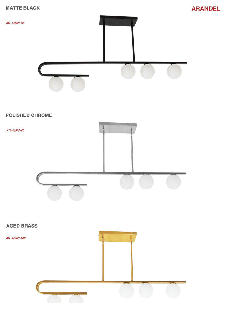 5 Light Halogen Aged Brass Horizontal Pendant w/ White Glass