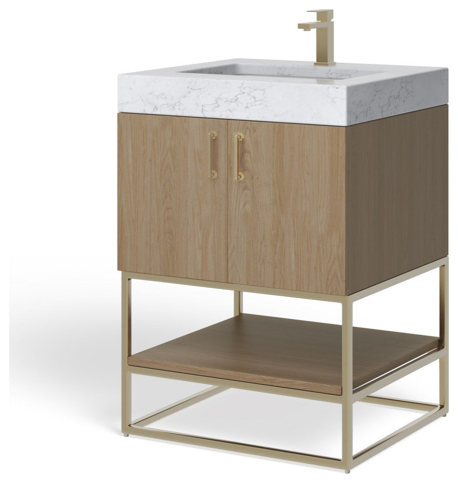 Bahia Bath Vanity, Oak, 24", Brushed Gold Hardware, Single, Freestanding