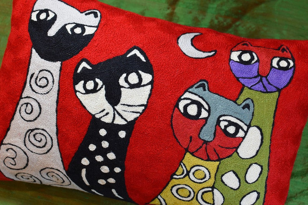 Lumbar Red Pillow Cover Cat Picasso Four Kitties Pillowcase Handmade Wool 14x20