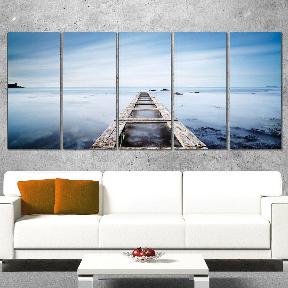"Wooden Jetty in Morning Blue Sea" Landscape Wall Art Print, 5 Panels, 60"x28"