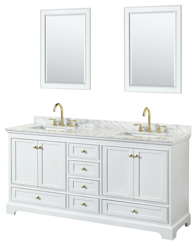 72"DBL Bath Vanity White, Carrara Countertop, Sinks, Gold Trim, 24" Mirrors