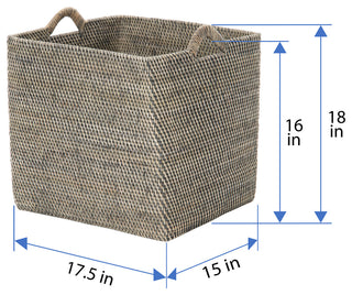 Loma Rectangular Tall Decorative Rattan Storage Basket with Ear Handles, Large, Black Wash